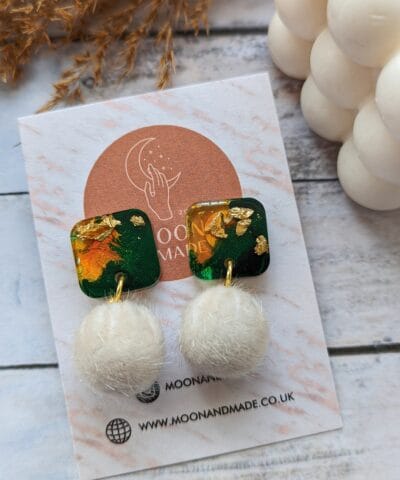 Resin Detail Pom Pom Earrings