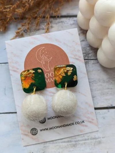 Resin Detail Pom Pom Earrings